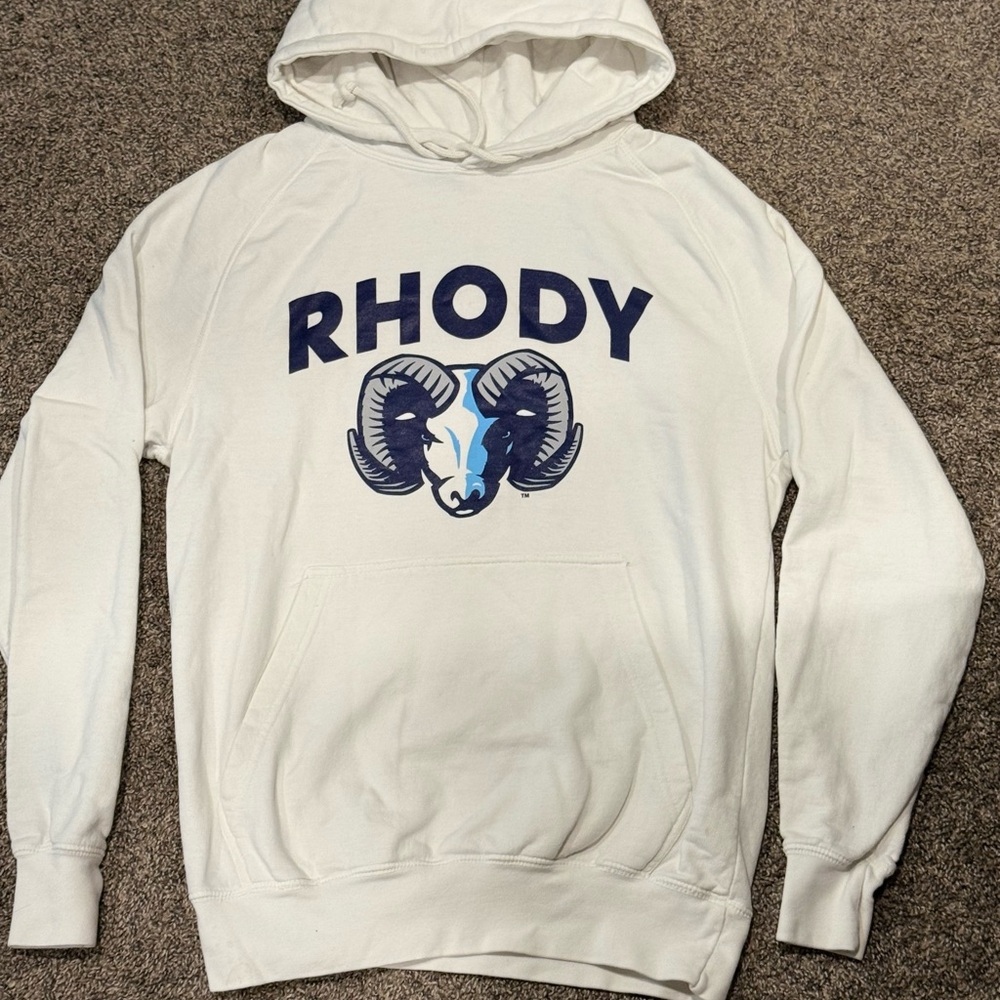 White Hoodie with Blue Rhody Graphic